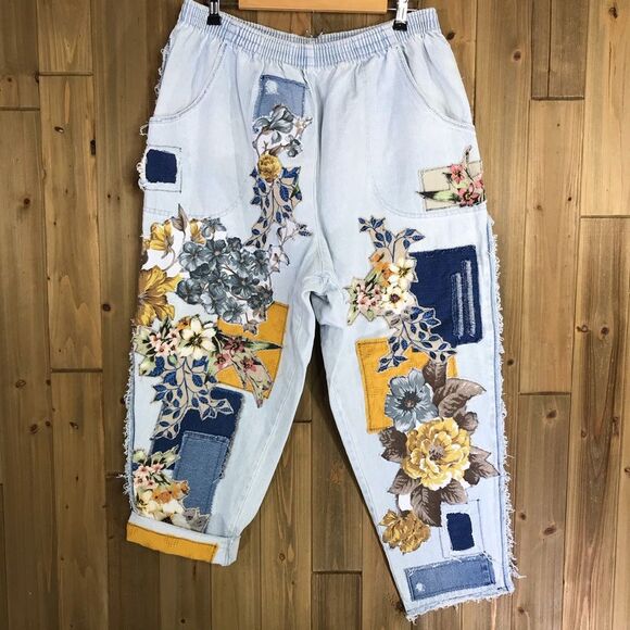 OOAK Classic Element Woman Upcycled Floral Patch Baggy Jeans Sz 20 - Picture 2 of 16
